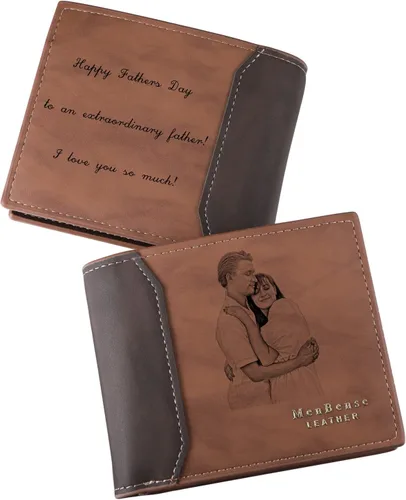 Vista 25 de INBLUE Billetera plegable grabada personalizada, cartera de cuero personalizada con foto y texto grabado, regalos para hombres, marido, papá, hijo