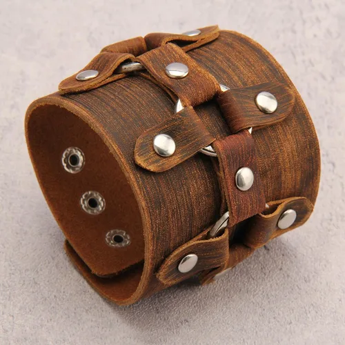 Vista 4 de Pulsera de cuero para hombre, brazaletes de cuero punk, pulsera de cuero negro para mujer