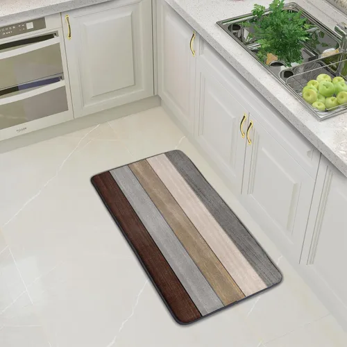 Vista 6 de Tapete de cocina con estampado de tablero de madera para piso, tablones marrones rústicos, acolchado, antifatiga, lavable, tapete de espuma