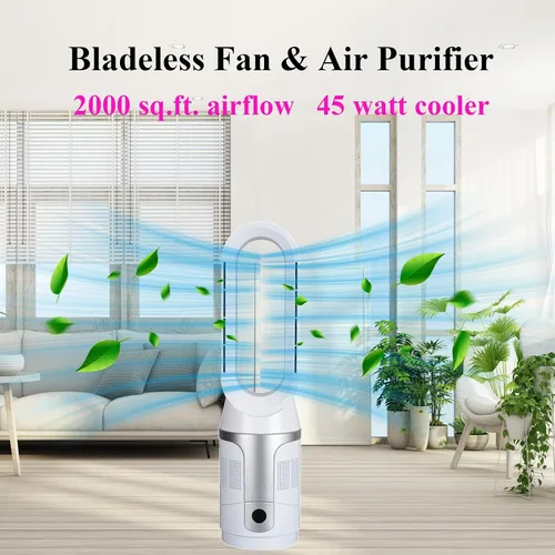 Vista 2 de Ventilador de torre sin aspas y purificador de aire, filtro HEPA True H13, ventilador oscilante sin aspas de 90° con control remoto y táctil