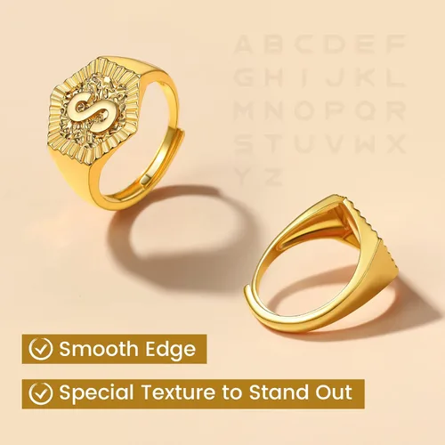 Vista 5 de KeyStyle Bold Initial Letter Rings Adjustable, GoldChic Jewelry Women Gold Statement Ring Personalized Engraved Womens Open Signet Ring for Party