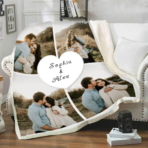 Vista 3 de Manta de fotos personalizada para parejas, cálida manta de forro polar Sherpa Lavable a máquina Regalo conmovedor para él/ella Cumpleaños, Día
