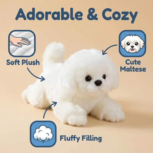 Vista 2 de CU-MATE Juguetes de peluche maltés de 12 pulgadas, simulación realista y realista, juguete de peluche suave hecho a mano, regalo para niños y niñas