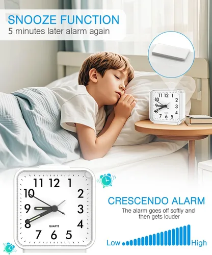 Vista 3 de AMIR Reloj Analógico Silencioso Sin Tic Tac Pequeño, Para Viajar con Función de Repetición y Luz, Sonidos de Tono Ascendente, Reloj de Alarma Fuerte