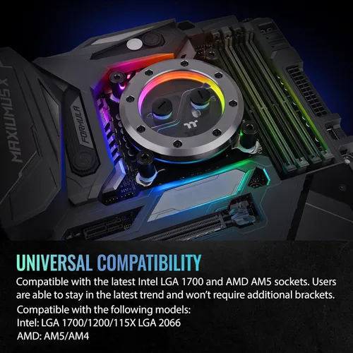 Vista 6 de Thermaltake Pacific SW1 Plus Bloque de agua para CPU, sensor de temperatura, compatible con LGA 1700 / AM5, 12 LED direccionables, control