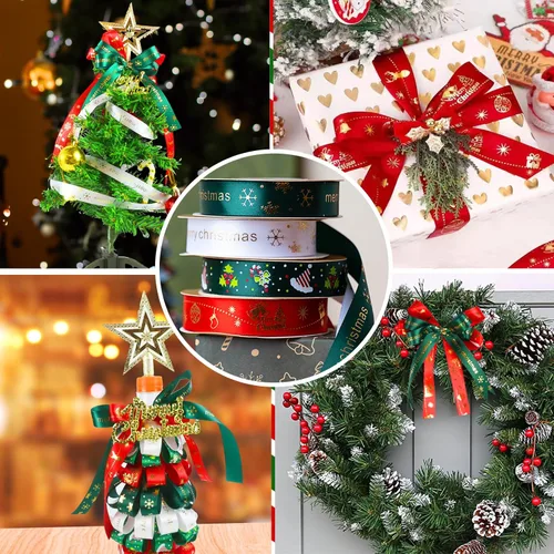 Vista 5 de 4 rollos de cinta de Navidad de 95 yardas, cintas de envoltura de regalos de Navidad de 3/4 pulgadas, envoltura de regalo de árbol de Navidad