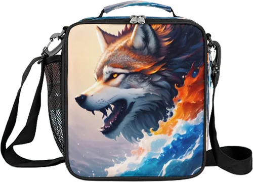 Vista 2 de Lonchera de lobo para niños, colorida caja de almuerzo con diseño de olas del océano para niños, reutilizable, aislada, impermeable, con correa