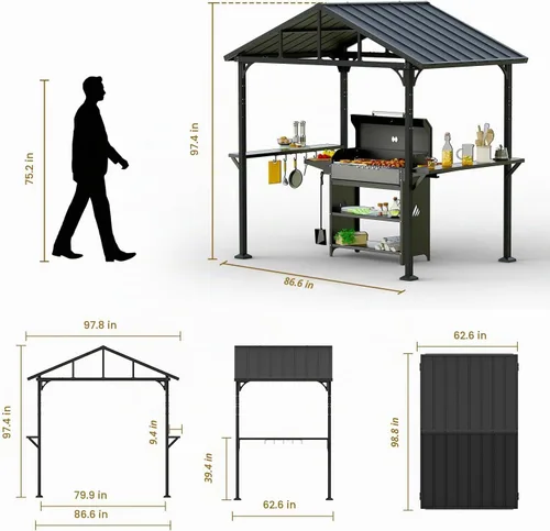 Vista 2 de Gazebo de barbacoa de techo rígido de 8' x 5' para parrilla al aire libre, marco de aluminio resistente y techo de acero galvanizado, ideal para Gris