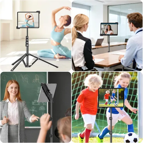 Vista 9 de elitehood Trípode de aluminio resistente para tableta, soporte de trípode ajustable para iPad con inclinación giratoria de 360 grados, soporte