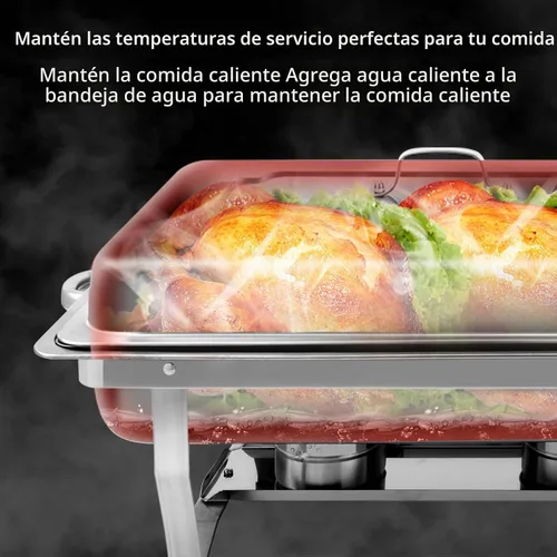 Vista 3 de Juego de 2 Platos Calentadores de Acero Inoxidable de Tamaño Completo de 8 Cuartos de Galón para Buffet, Juego de Calentador Rectangular Plateado