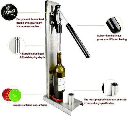 Vista 3 de Máquina de prensado manual de tapón de cerveza con tapón de inserción de 2 POM, máquina de prensado de tapa de botella de vino de cerveza 300/h