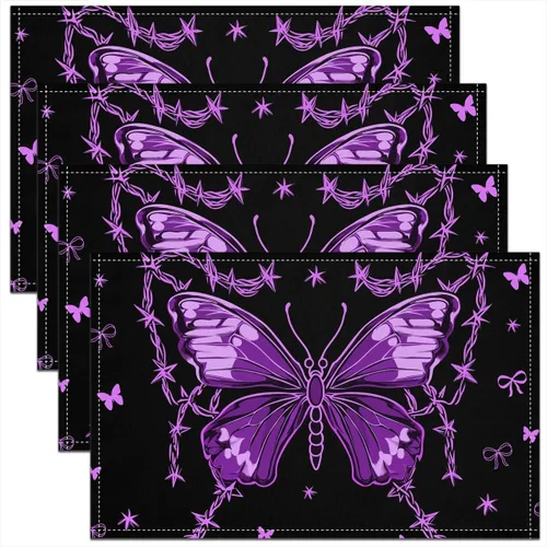 Vista 19 de Juego de 4 manteles individuales con diseño de mariposas y animales voladores de noche de ensueño de 12 x 18 pulgadas para mesa de cocina, tapetes
