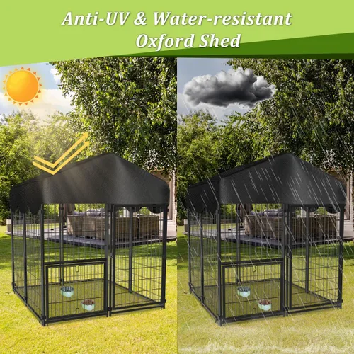 Vista 4 de Perrera resistente para perros al aire libre, perreras cubiertas exteriores con techo, 4 x 4.2 x 4.5 pies, puerta de comedero ajustable para perros