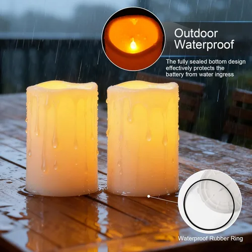 Vista 5 de Amagic Paquete de 2 velas eléctricas de plástico sin llama de 6 x 4 pulgadas para exteriores con control remoto y temporizador, velas falsas