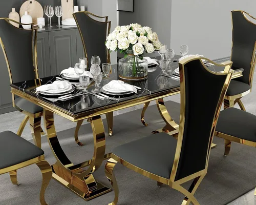 Vista 2 de ACEDÉCOR Juego de mesa de comedor de 5 piezas, mesa de comedor moderna con base en U de metal de acero inoxidable dorado, 4 sillas de comedor