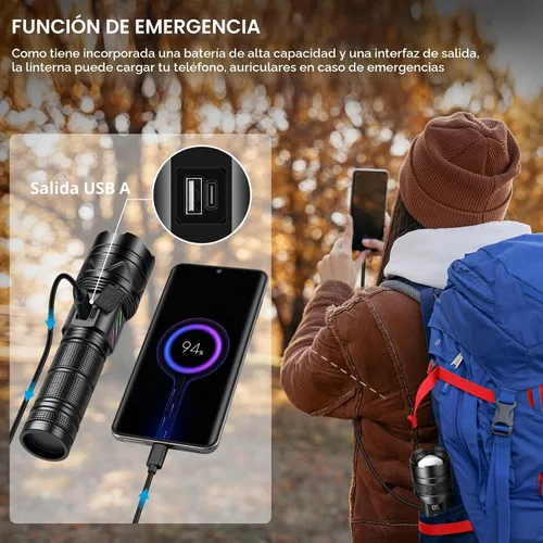 Vista 7 de Linternas recargables de 10000 lúmenes altos, largo alcance, 5000 pies, linterna LED súper brillante USB C, alta potencia, multifuncional
