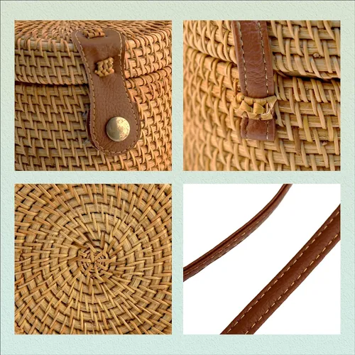Vista 5 de Bolsa de ratán, bolsa de playa para mujer, bolso bohemio tejido a mano con correas de cuero, Marrón
