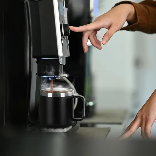 Vista 6 de VEGOND Taza de café aislada de 14 onzas con asa, taza de café de viaje de acero inoxidable con tapa, taza de café de metal al vacío de doble pared