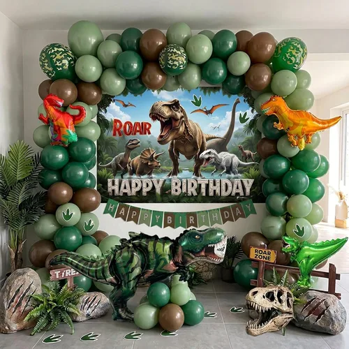 Vista 8 de Decoraciones de Fiesta de Cumpleaños de Dinosaurio kit de arco de globos verde cazador negro marrón con mini globos de papel de aluminio de dino