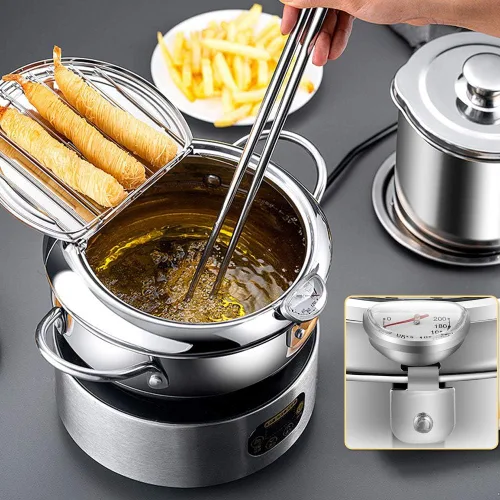 Vista 6 de Olla para freír con cesta de bandeja de gota de aceite y termómetro de aceite Tempura de estilo japonés, mini freidoras pequeñas, para el hogar.