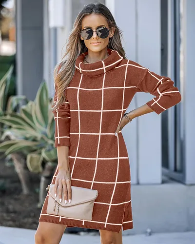 Vista 4 de luvamia Suéter de punto de cuello alto casual para mujer, vestido de suéter de rejilla acogedor