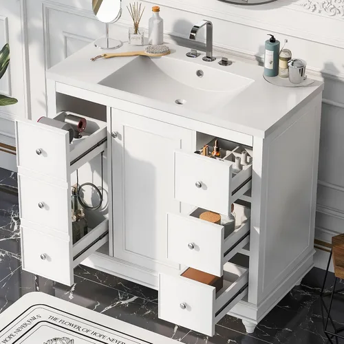 Vista 29 de Tocador de baño multifuncional de 30 pulgadas con lavabo individual, armario combinado de montaje inferior, marco de gabinete de baño de madera
