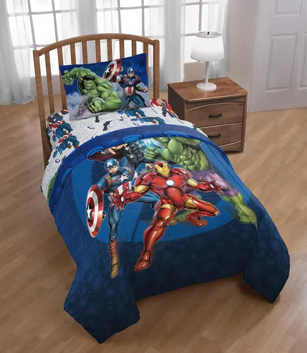 Vista 7 de Marvel Avengers Blue Circle - Juego de ropa de cama individual de 4 piezas, incluye edredón reversible y juego de sábanas, poliéster súper suave Los
