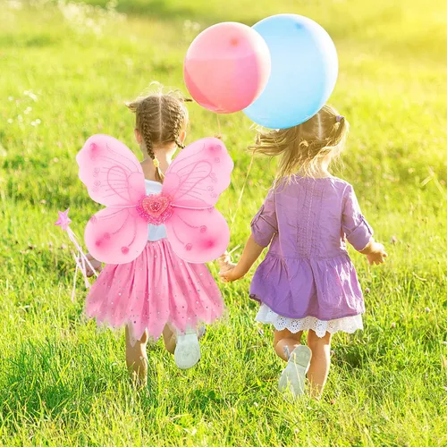Vista 4 de EQLEF Disfraz de hada juego de alas de mariposa disfraz de princesa para niñas color rosa