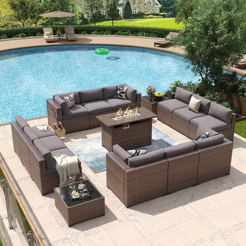 Vista 33 de Aoxun - Juego de 7 piezas de muebles de patio de mimbre de ratán, conjunto de sofá modular para conversación de patio con mesa de café y cojines