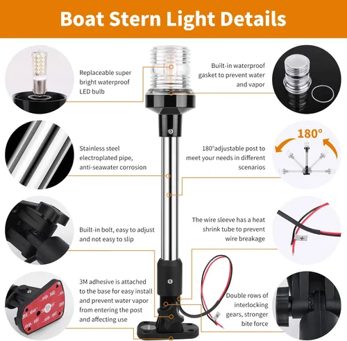Vista 5 de RVZONE Luces de popa para barcos, 12 pulgadas 180° plegable luz de anclaje IP67 luces de navegación 360° luces LED blancas para barco para pontón