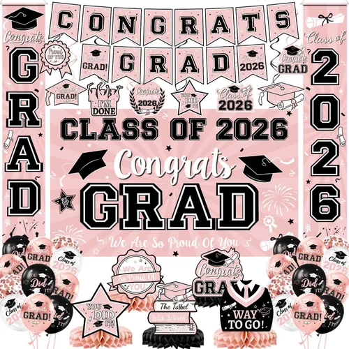 Vista 12 de Decoraciones de graduación 2026, juego de decoraciones de graduación rojo y negro con pancarta y telón de fondo de felicitaciones, letrero
