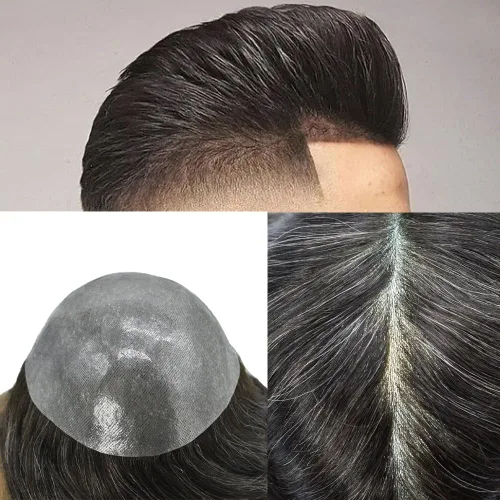 Vista 55 de Toupee para hombres Sistema de reemplazo de cabello humano PU piel fina V-looped Hair Piece Nature Hair System para hombre Toupee 6X8#1B Off Black