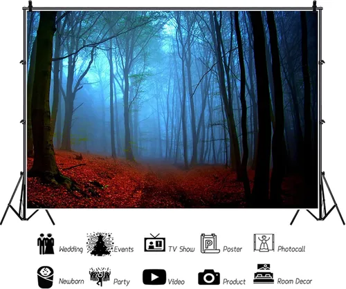 Vista 6 de Misty Forest Backdrop Halloween Eve Dark Blue Fog Fall Autumn Maple Leaves Woods Background for Thanksgiving Party Photography Studio Photo Booth