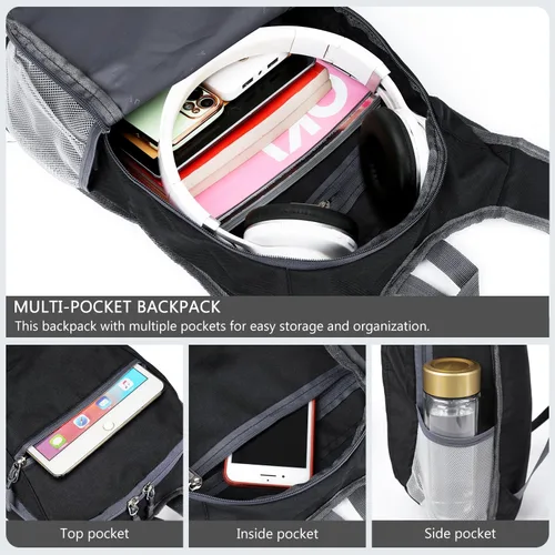 Vista 3 de Esup Mochila de senderismo ligera de 15L Mochila de viaje pequeña plegable Mochila de camping plegable para mujeres y hombres (negro)