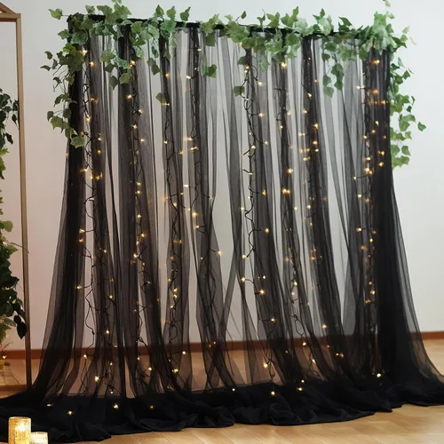 Vista 7 de Cortina de telón de fondo de tul negro de 10 x 10 pies con cadena de luces para fiestas, cortinas de fondo de fotos transparentes para bodas