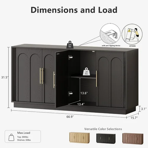 Vista 2 de FORTUNETEC Aparador Gabinete Buffet con Almacenamiento, Gabinete de Acento Moderno con Puertas Arqueadas, Consola de Medios Modular Grande de 67