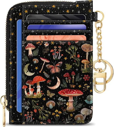 Vista 14 de GIANCOMICS Cartera delgada con tarjetero para mujer, funda pequeña con bloqueo Rfid, llavero de bolsillo delgado con cremallera curvada, tarjetero