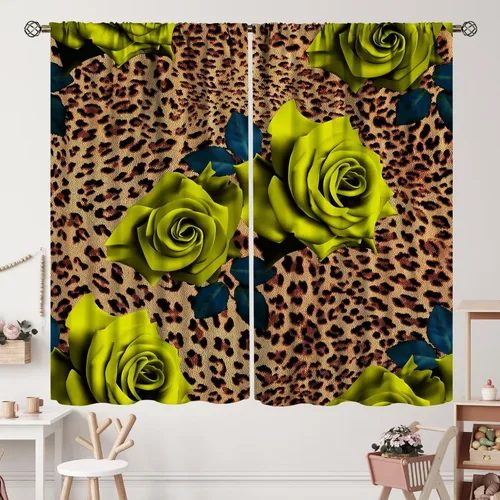 Vista 15 de Cortinas de leopardo con estampado de flores de guepardo y rosas de África, con bolsillo para cortinero, para dormitorio, sala de estar, decoración