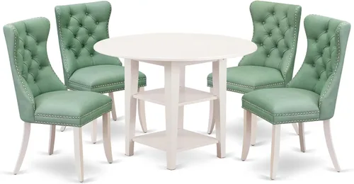 Vista 16 de East West Furniture SUDA5-LWH-12 - Juego de mesa de comedor de 5 piezas, incluye una mesa de cocina redonda con gotas y estantes y 4 sillas de tela