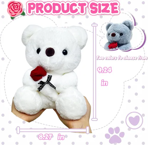 Vista 2 de Peluche de Oso Blanco de 10 pulgadas Juguetes de Animales de Peluche con Rosa, Peluches de Oso Polar Kawaii, Juguetes de Peluche de Animales Suaves