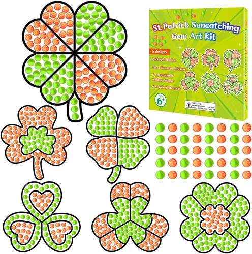 Vista 12 de Qyeahkj 6 piezas de manualidades del día de San Patricio, sombrero de trébol, gema de diamante, atrapasoles para niños, pintura de diamantes de San