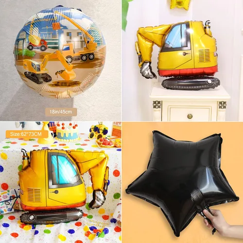 Vista 6 de Globos de construcción para fiesta de 4º cumpleaños, globos de construcción para decoración de 4º cumpleaños, globo de aluminio de excavadora Oro 4