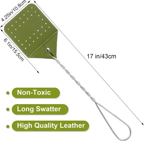 Vista 2 de Zopeal 4 matamoscas de cuero resistente de 17 pulgadas de largo con mango de metal resistente, matamoscas rústico para interiores y exteriores