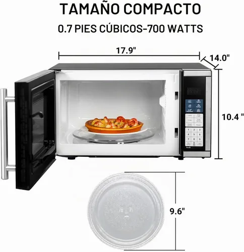 Vista 4 de Smad Microondas pequeño de 0.7 pies cúbicos, horno microondas de encimera con plato giratorio extraíble, 6 menús automáticos y bloqueo para niños