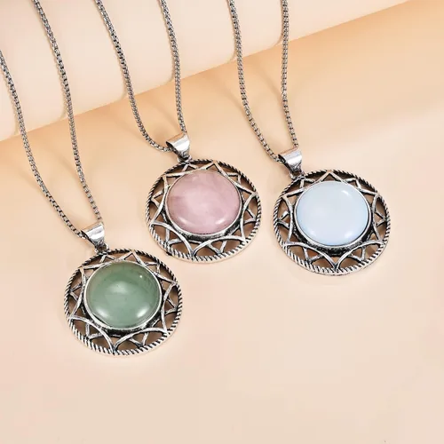 Vista 5 de KZYOYE Collar con colgante de piedra redonda, collar de turquesa, piedra natal auténtica, cristales curativos, joyería vintage para mujeres, niñas