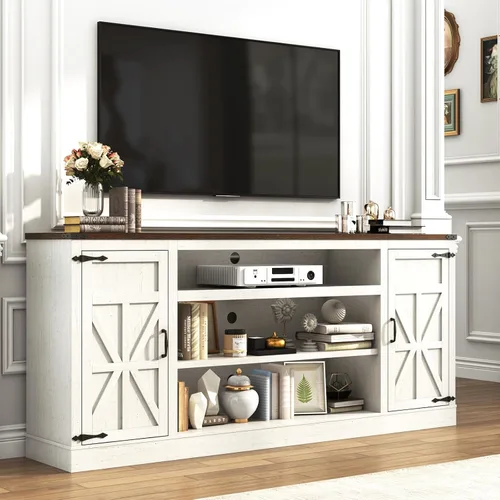 Vista 10 de Hlivelood Mueble de TV Estilo Granja de 66" con Tomas de Corriente para TVs de 75 Pulgadas, Centro de Entretenimiento de 33" de Alto con Gabinetes