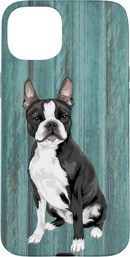 Vista 9 de Boston Terrier Faux Blue Wood Background Case for iPhone 17