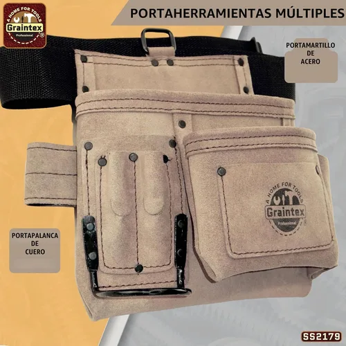 Vista 5 de Graintex 5 Pocket Suede Leather Tool Belt/Bag, Multipurpose Leather Tool Belt for Women and Men, Ideal for Construction, Electrician, Handymen Beige