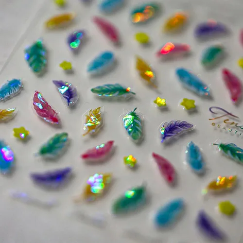 Vista 4 de Calcomanías de uñas de plumas 5D en relieve, color blanco, verde, azul, rosa, cuero, diseño de uñas, grabado de cuero hueco, autoadhesivo, Notas