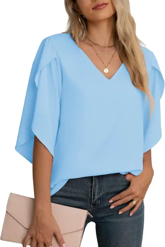 Vista 47 de Blusas de gasa con mangas 3/4 arrugadas de otoño para mujer de Jouica 01amy Verde